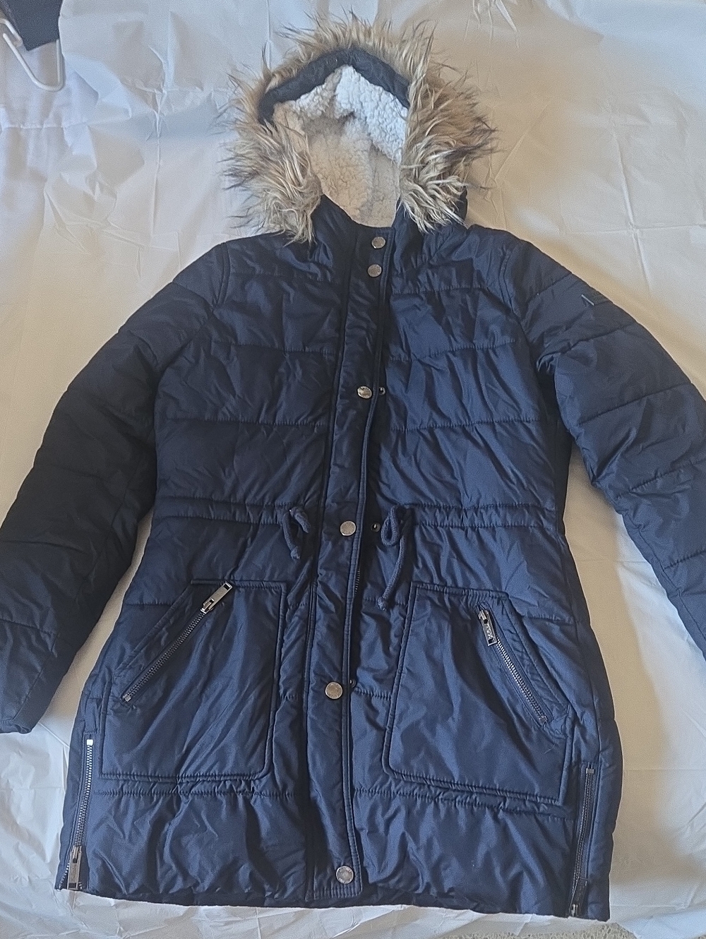 Hollister Navy Hooded Quilted Puffer with Faux-Fur Trim